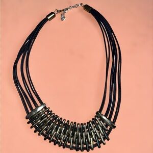 Vintage 1990’s Multi Strand Blue Leather Cord W/Metal Beads Statement Necklace